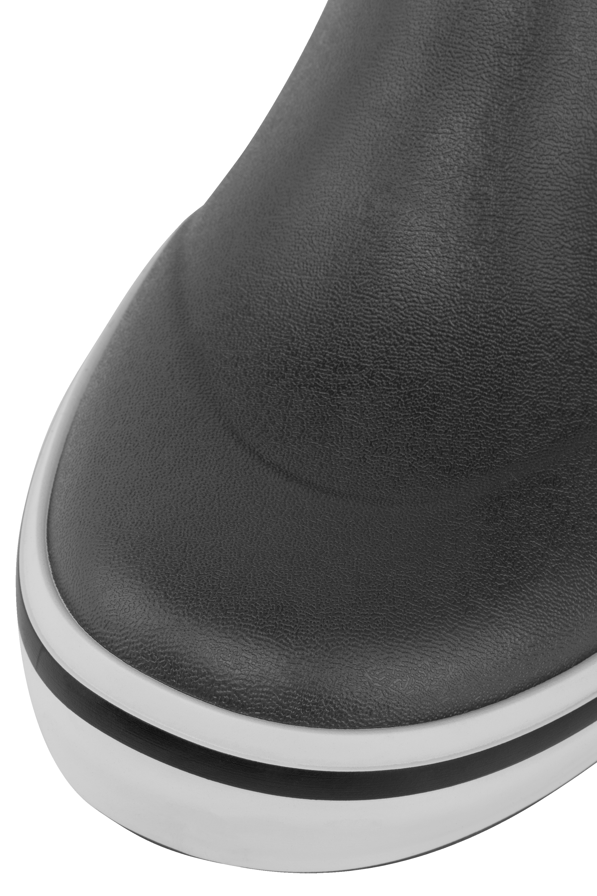 Close-up of toe cap on Trudave Ocean Breeze Series men’s black ankle waterproof rubber deck boots showing reinforced waterproof design and durable rubber construction for fishing and marine use